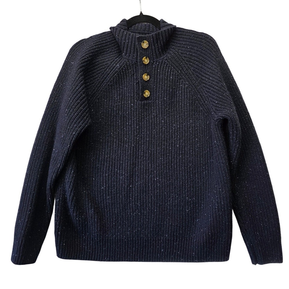 Lucky Brand Mens Navy Blue Donegal‎ Ribbed Mock Neck Button Sweater Large